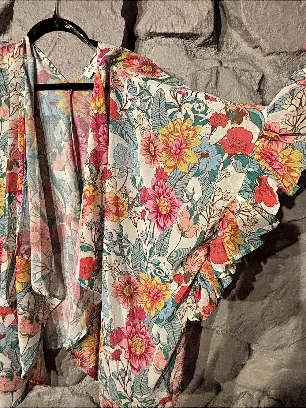 Umgee Floral Print Ruffle Sleeve Open Front Kimono Cardigan Blouse Blue & Pink - Picture 3 of 6